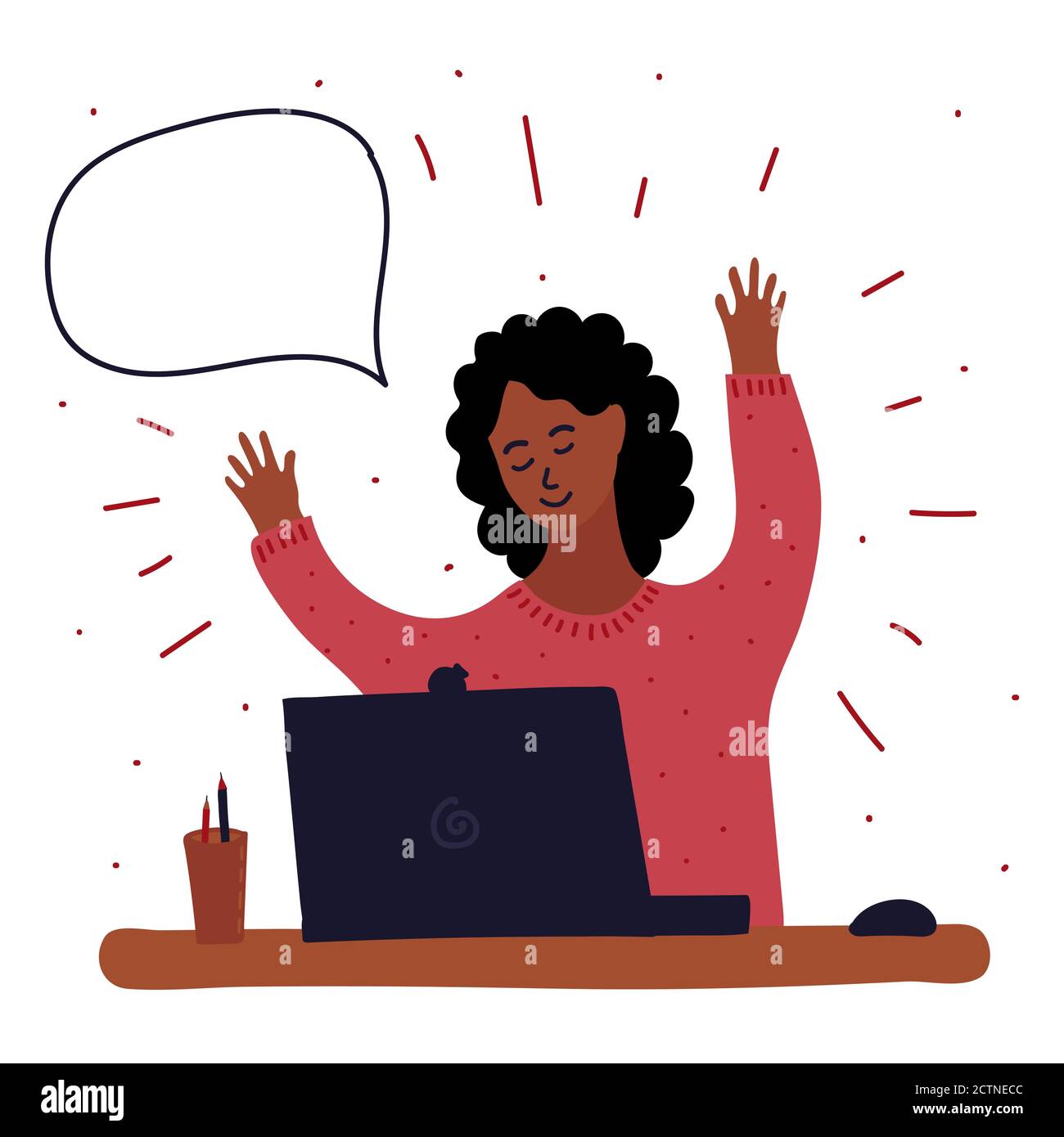 Vettore cartoon illustrazione di nero africano ragazza blogging in internet, imparare o giocare gioco. Un punto esclamativo intorno a lui e bolla del parlato. E Illustrazione Vettoriale