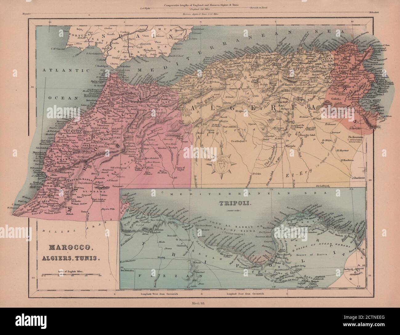 Marocco, Algeria, Tunisia e Libia. Nord Africa. HUGHES 1876 vecchia mappa antica Foto Stock