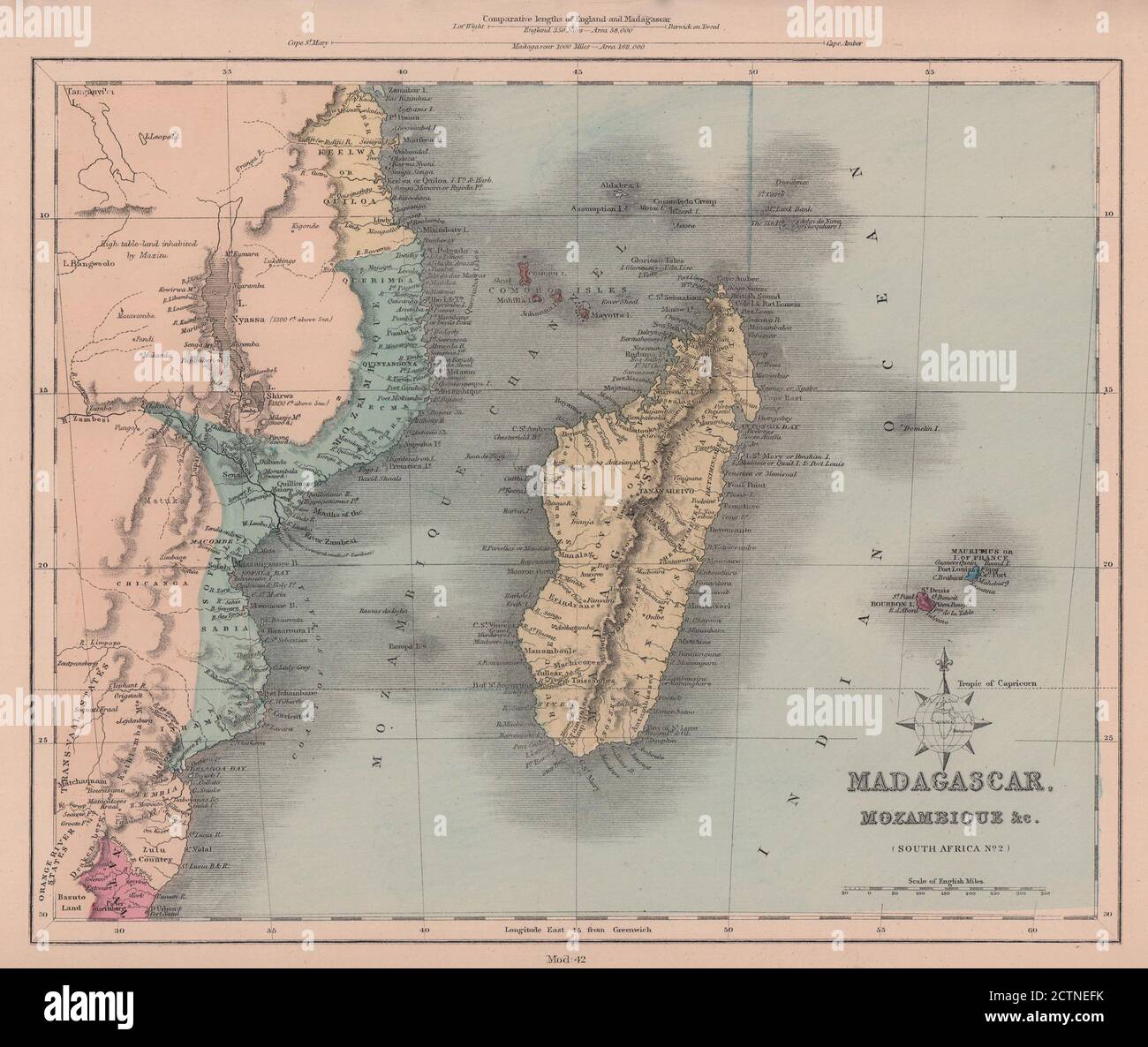 Canale Madagascar e Mozambico. Réunion e Mauritius. Zanzibar. Mappa DI HUGHES 1876 Foto Stock