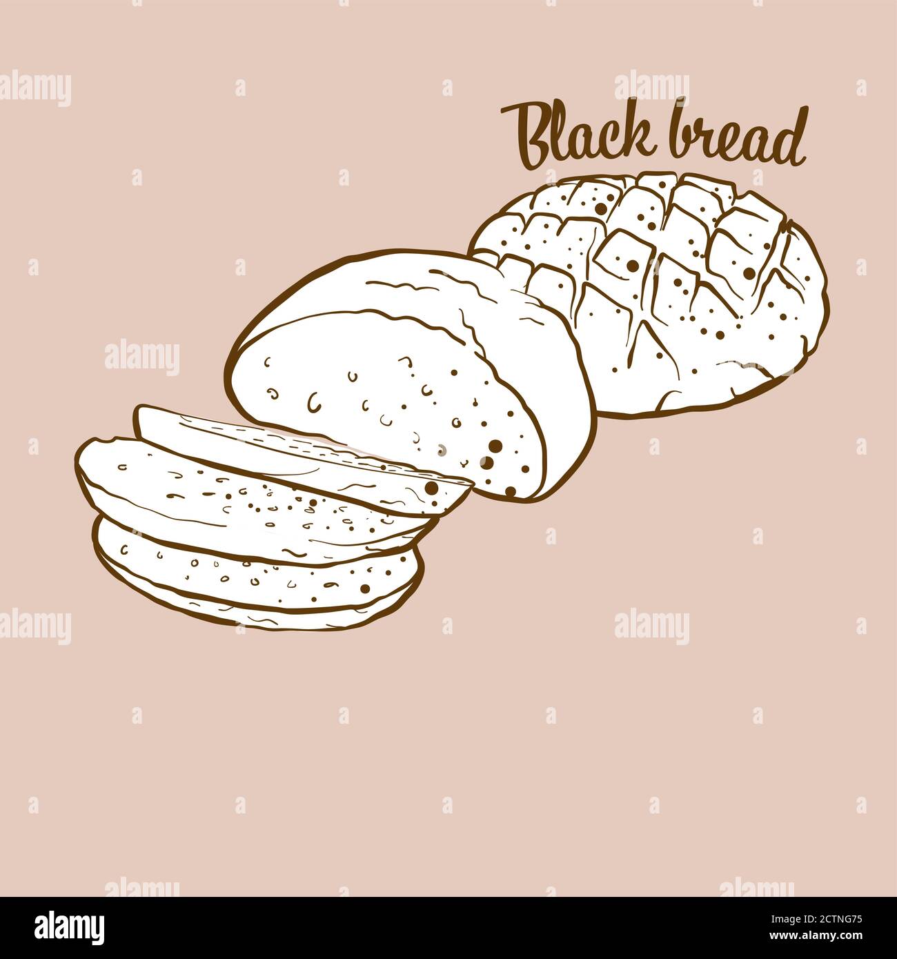 Illustrazione del pane nero disegnato a mano. Pane di segale, di solito conosciuto in Europa. Serie di disegni vettoriali. Illustrazione Vettoriale