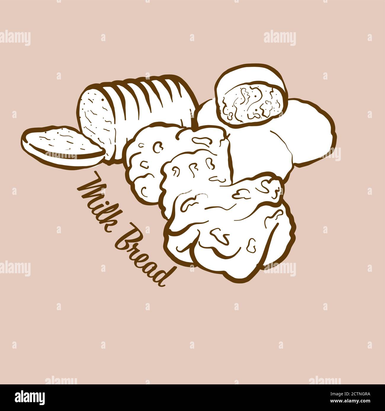 Illustrazione del pane al latte preparato a mano. Lievitato, di solito noto in Regno Unito, Giappone. Serie di disegni vettoriali. Illustrazione Vettoriale