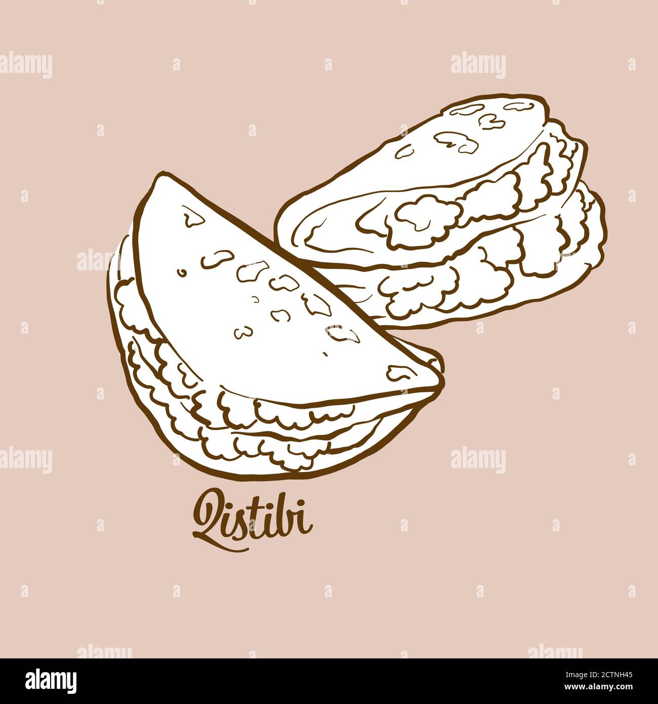 Illustrazione del pane Qistibi disegnato a mano. Pane piatto, di solito noto in Tatarstan, Bashkortostan. Serie di disegni vettoriali. Illustrazione Vettoriale