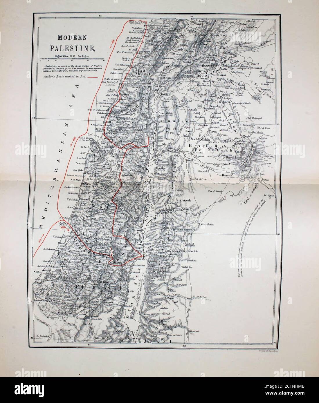 Antica mappa del XIX secolo della Palestina del 'Modernen' dal libro Palestine Illustrated by Sir Richard Temple, 1st Baronet, GCSI, CIE, PC, FRS (8 marzo 1826 – 15 marzo 1902) è stato un amministratore dell'India britannica e un politico britannico. Pubblicato a Londra da W.H. Allen & Co. Nel 1888 Foto Stock