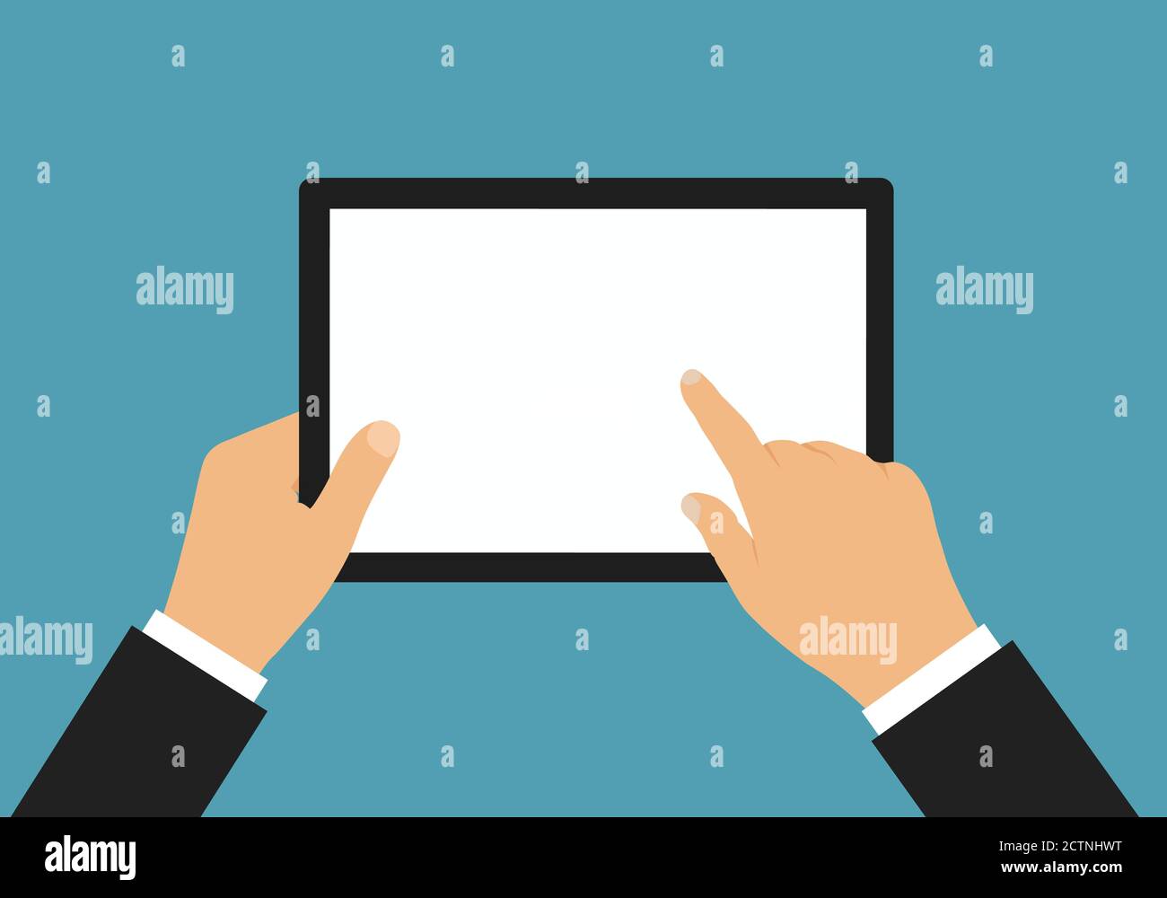 Disegno piatto illustrazione della mano del uomo d'affari che tiene il touch screen tablet con spazio per testo o grafica - vettoriale Illustrazione Vettoriale