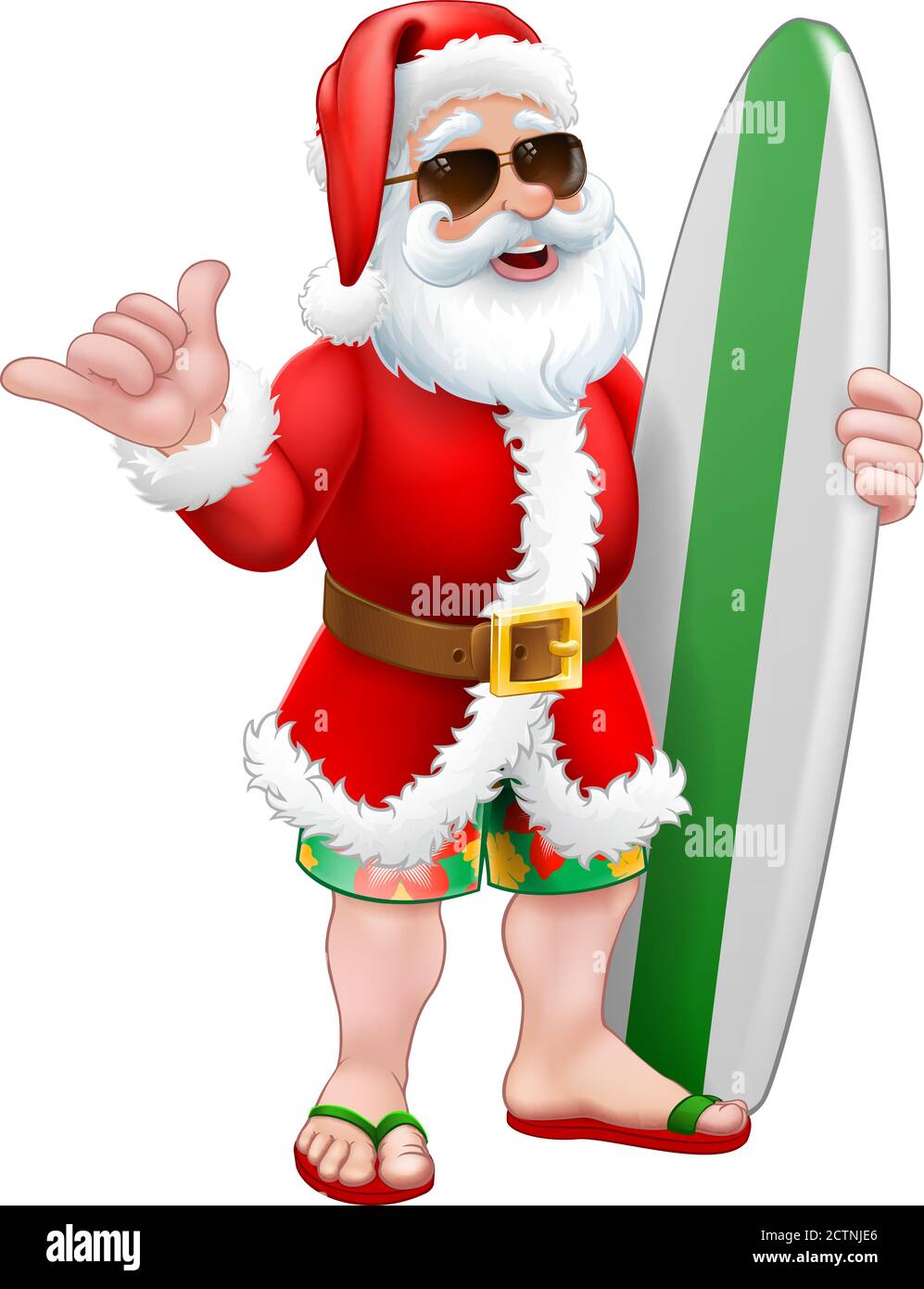 Santa Surf Shaka Shades Surfboard Cartoon Illustrazione Vettoriale