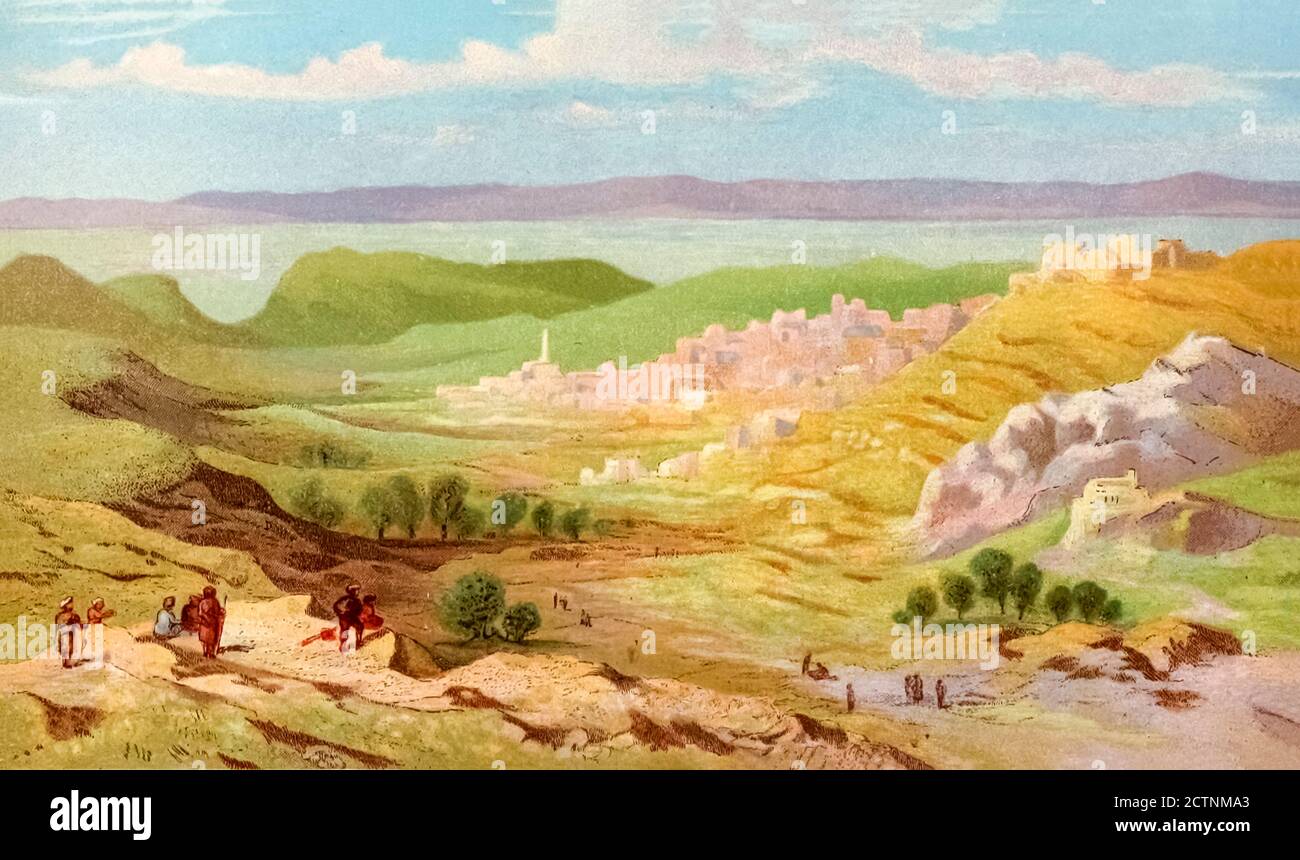 Il paesaggio urbano di Nazareth Illustrazione del libro Palestina illustrato da Sir Richard Temple, 1st Baronet, GCSI, CIE, PC, FRS (8 marzo 1826 – 15 marzo 1902) è stato un amministratore dell'India britannica e un politico britannico. Pubblicato a Londra da W.H. Allen & Co. Nel 1888 Foto Stock