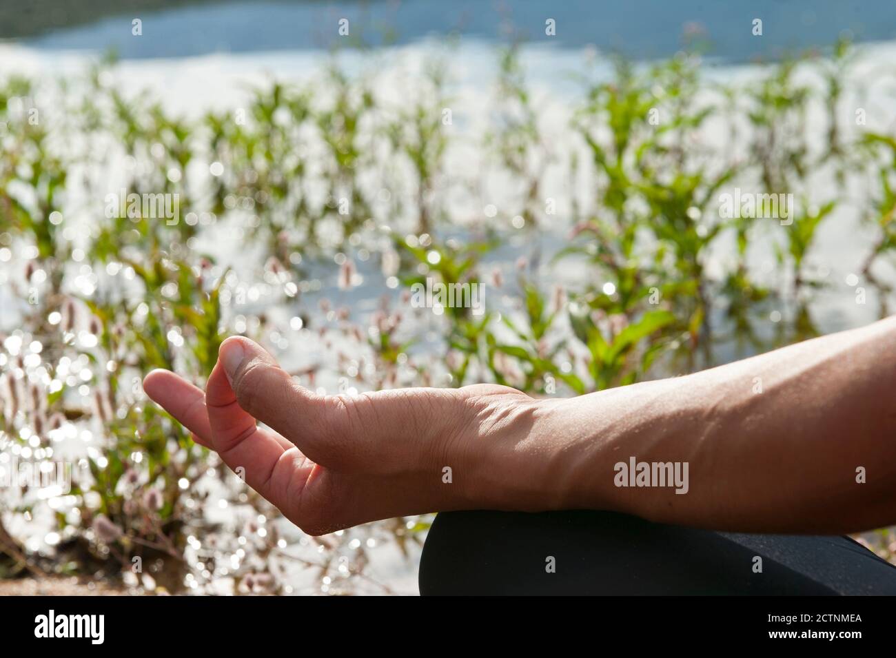 Crop femmina irriconoscibile con Gyan Mudra mano gesto praticare yoga meditazione sulla riva del lago calmo in natura Foto Stock