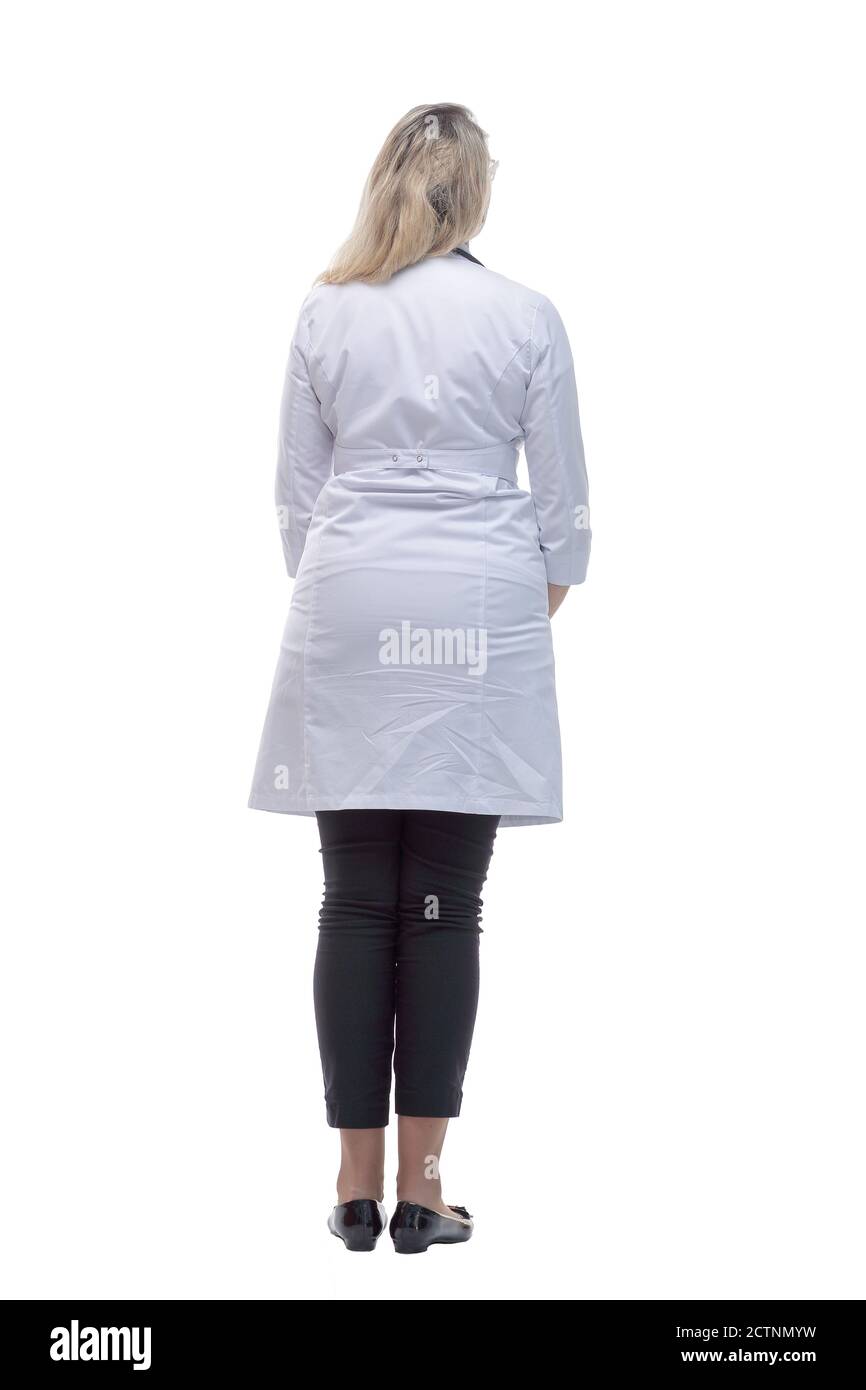 vista posteriore. medica femminile che guarda uno schermo bianco Foto Stock