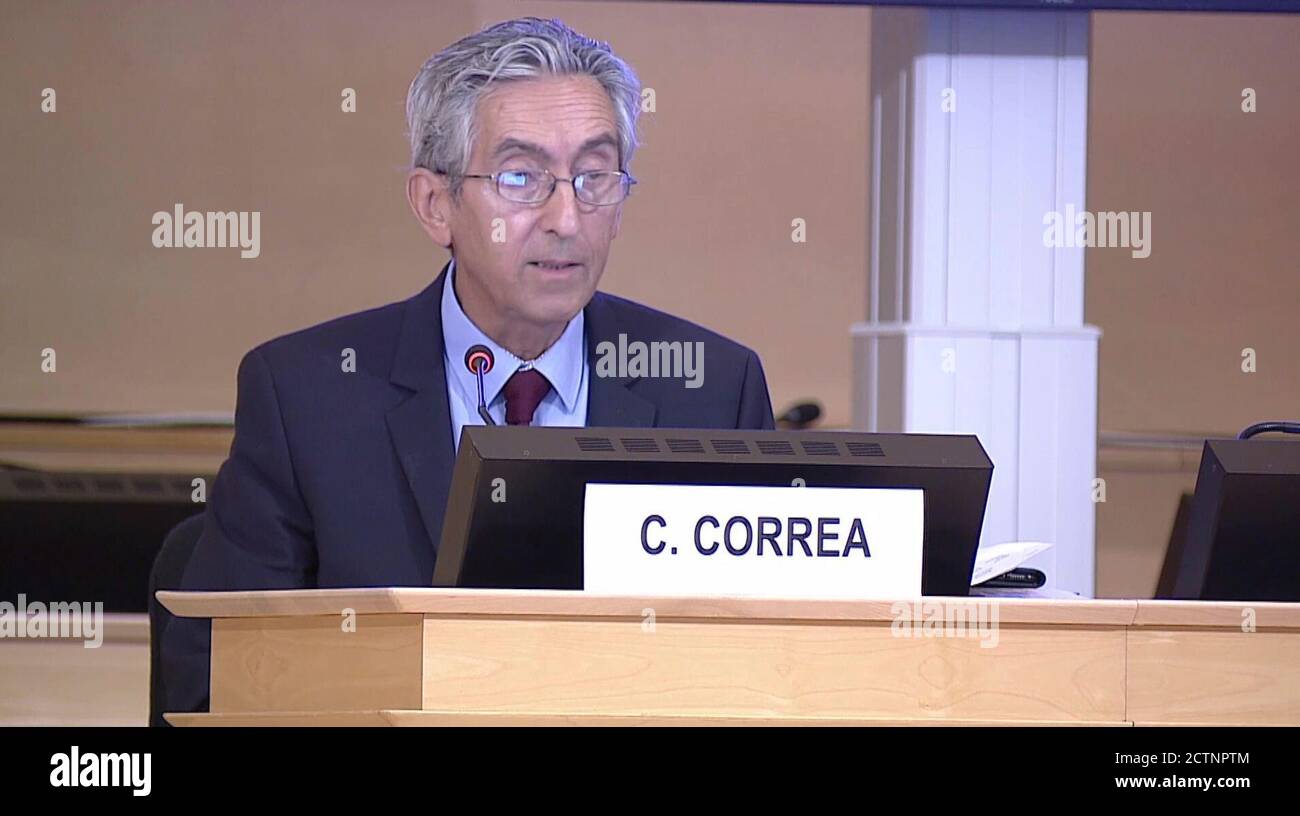 Ginevra, Svizzera. 17 Settembre 2020. Uno screenshot del 24 settembre 2020 mostra Carlos Correa, direttore esecutivo del Centro Sud, un'organizzazione intergovernativa dei paesi in via di sviluppo, che parla alla 45a sessione del Consiglio dei diritti umani delle Nazioni Unite (UNHRC) a Ginevra, Svizzera, 17 settembre 2020. Credit: Du Yang/Xinhua/Alamy Live News Foto Stock