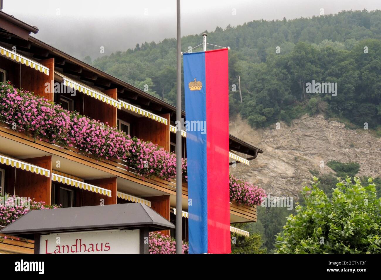 Vaduz, Liechtenstein. Bandiera del Principato del Liechtenstein sventolando per le strade della capitale Foto Stock
