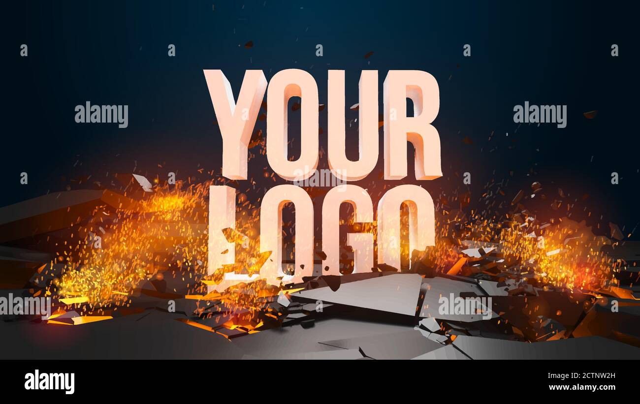 Esplosione e detriti, incendi e scintille. Modello per il tuo logo o testo. È possibile sostituire facilmente il testo con il logo. Illustrazione Vettoriale