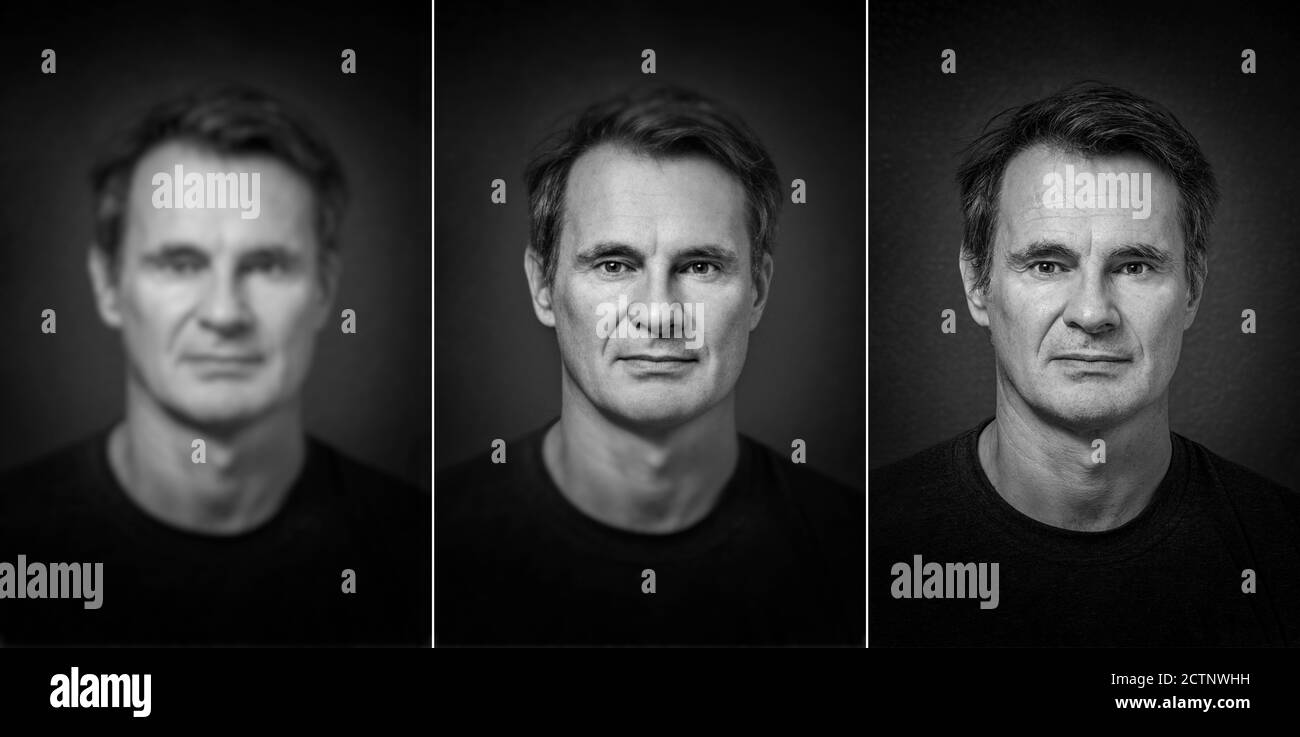 Da un'immagine fuzzy, ridefinendo un volto grazie all'intelligenza artificiale (ai): Al centro l'immagine ridefinita e a destra quella reale Foto Stock