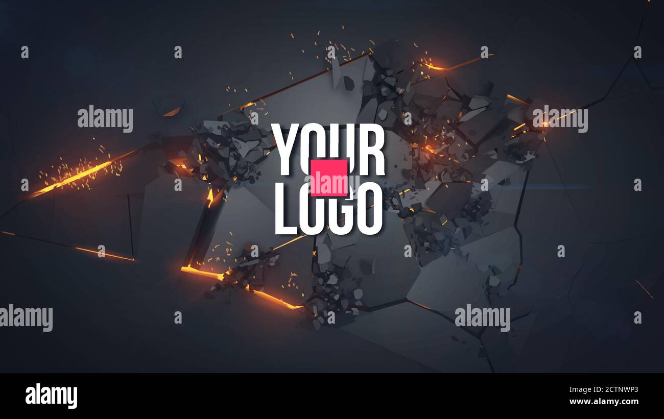 Esplosione e detriti, incendi e scintille. Modello per il tuo logo o testo. È possibile sostituire facilmente il testo con il logo. Illustrazione Vettoriale