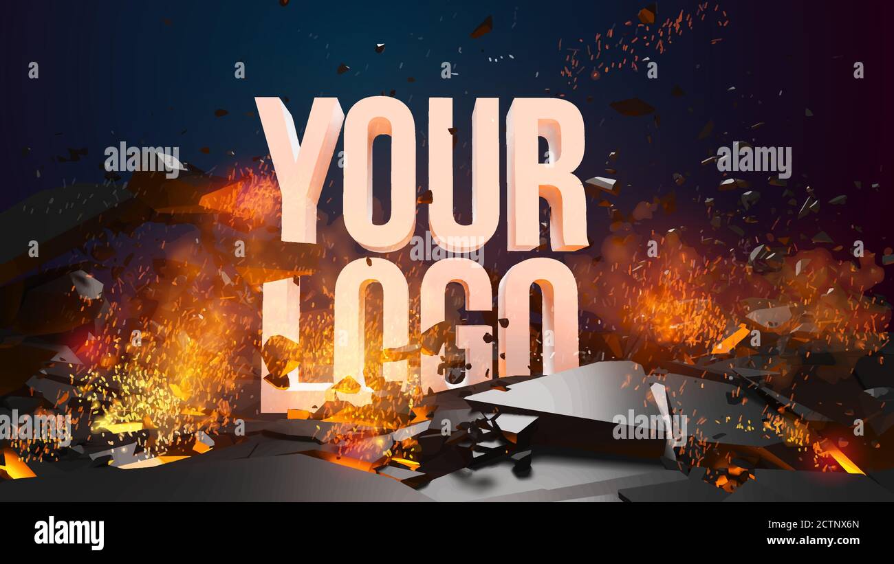 Esplosione e detriti, incendi e scintille. Modello per il tuo logo o testo. È possibile sostituire facilmente il testo con il logo. Illustrazione Vettoriale