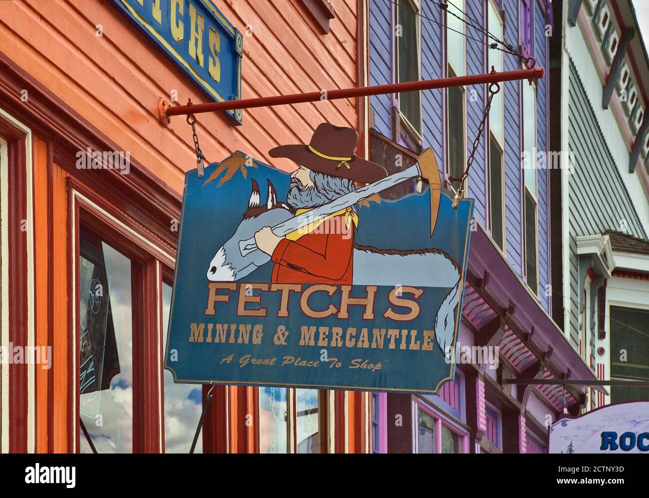 Segno in negozio per i cercatori d'oro a Greene Street, Silverton, Colorado, STATI UNITI D'AMERICA Foto Stock