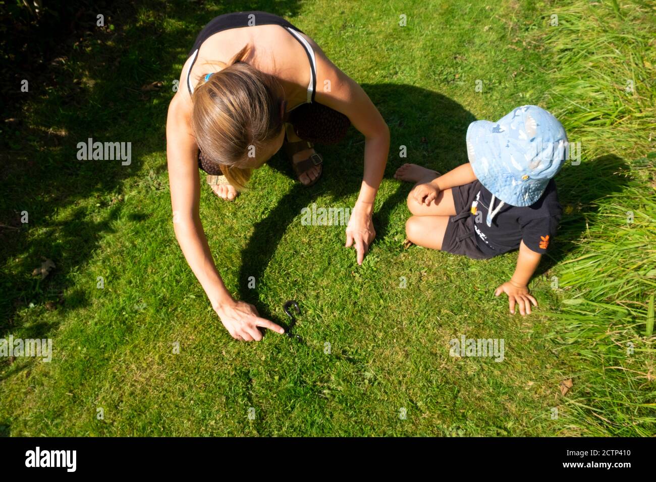 Vista guardando verso il basso su madre e bambino guardando lento verme sull'erba in un giardino in estate autunno Carmarthenshire Galles Regno Unito KATHY DEWITT Foto Stock