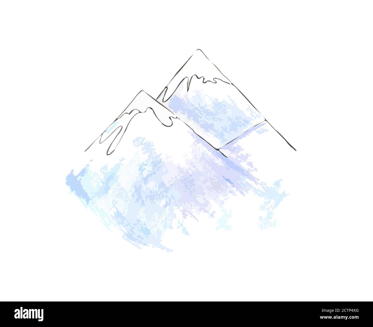 Montagne acquerello blu, viola e bianco, isolate su sfondo bianco. Foto Stock
