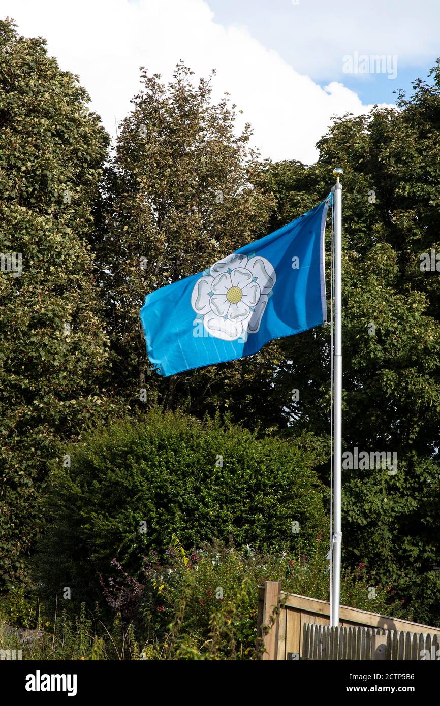 La bandiera dello Yorkshire una rosa bianca su un blu Terra di volo in un giardino residenziale in West Yorkshire Foto Stock