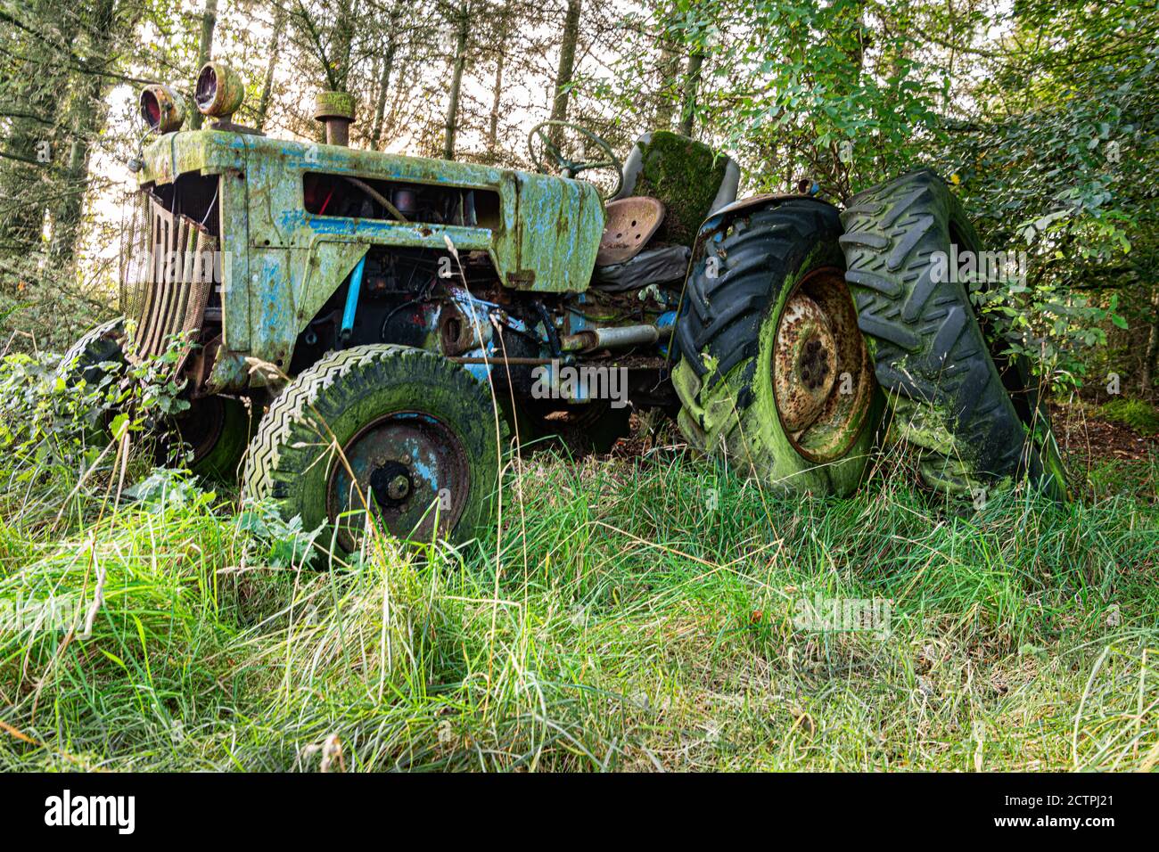 Un vecchio trattore arrugginito in disuso nel bosco Foto Stock