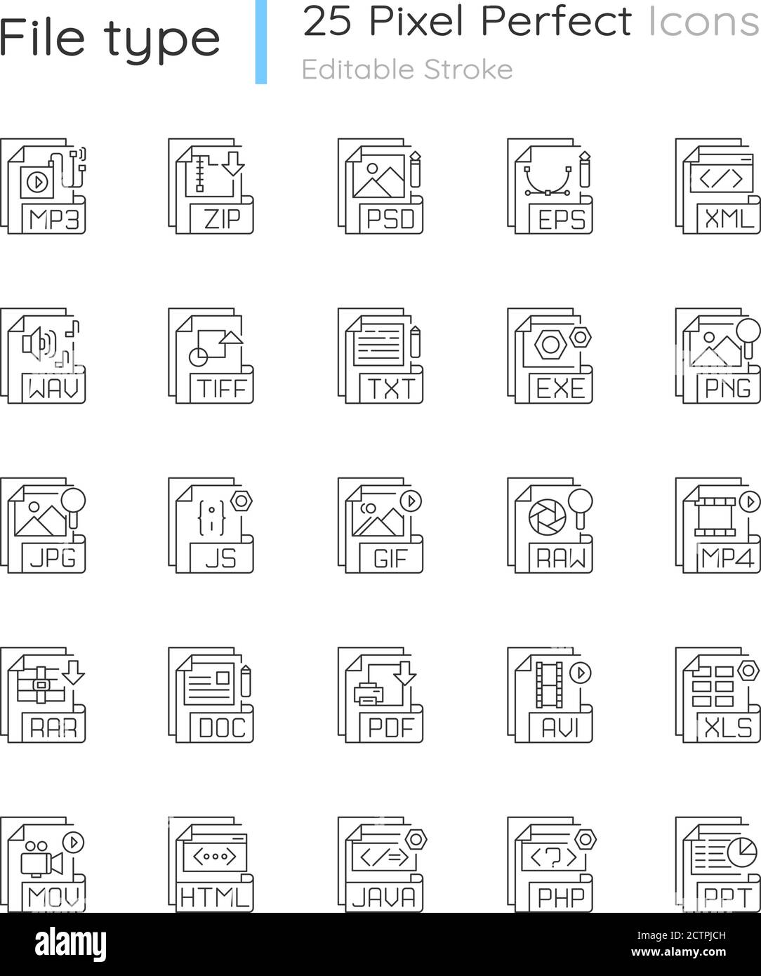 Estensioni di file set di icone lineari pixel Perfect Illustrazione Vettoriale