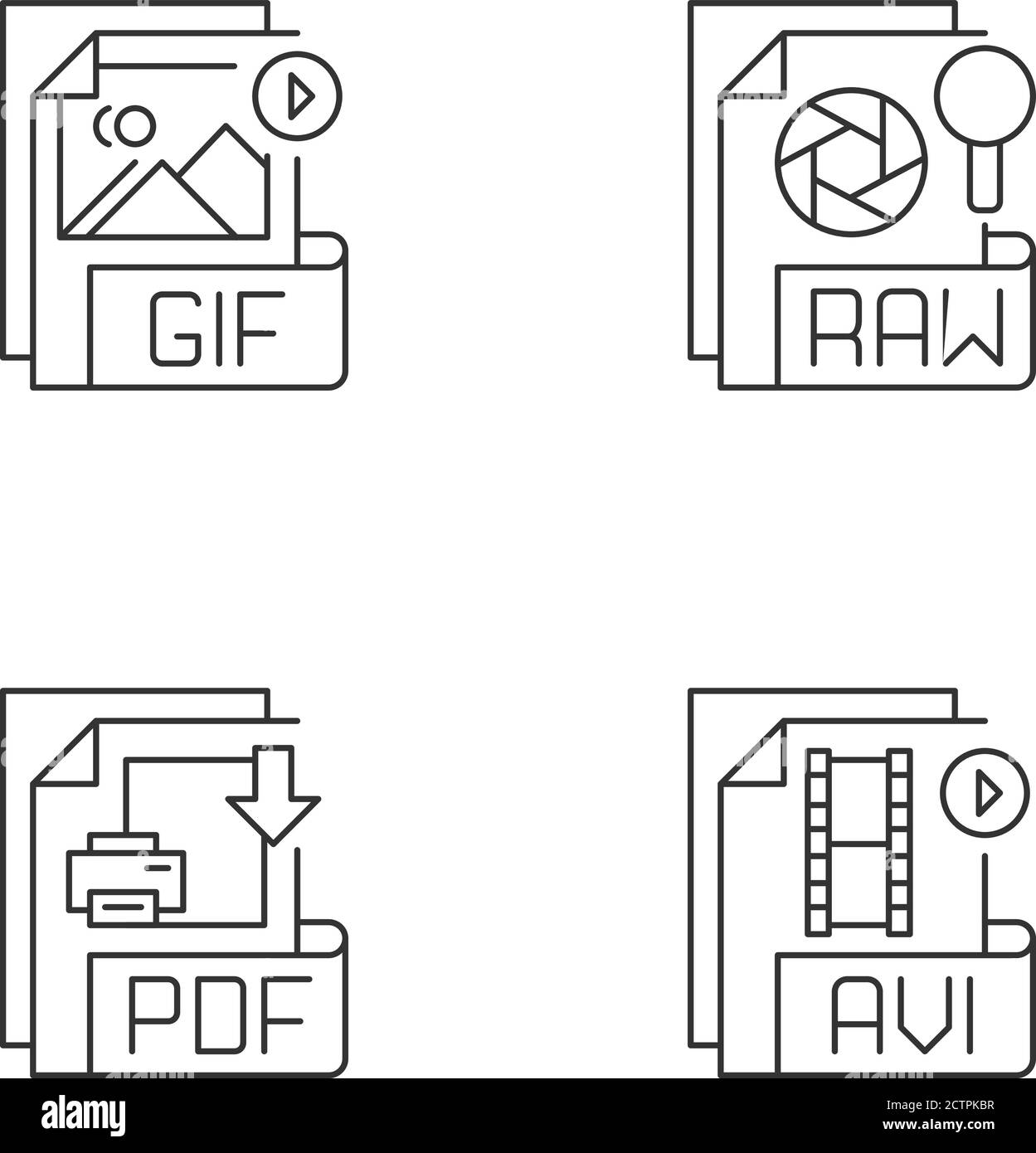 Tipi di file set di icone lineari pixel Perfect Illustrazione Vettoriale