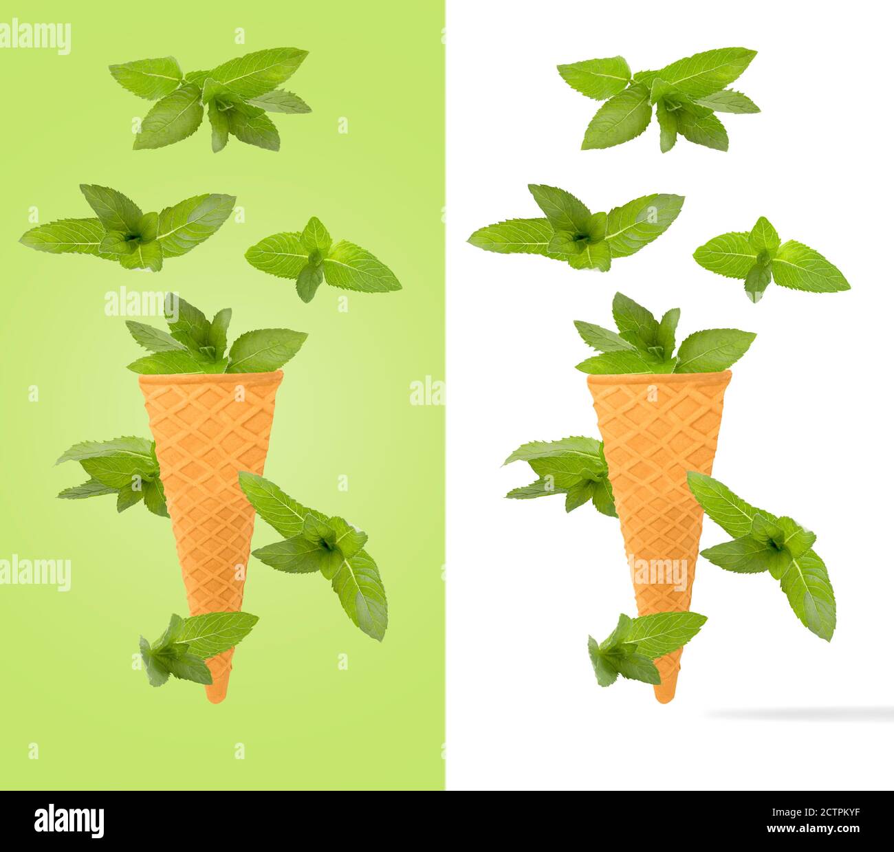 coni gelato con ingredienti che cadono in movimento Foto Stock