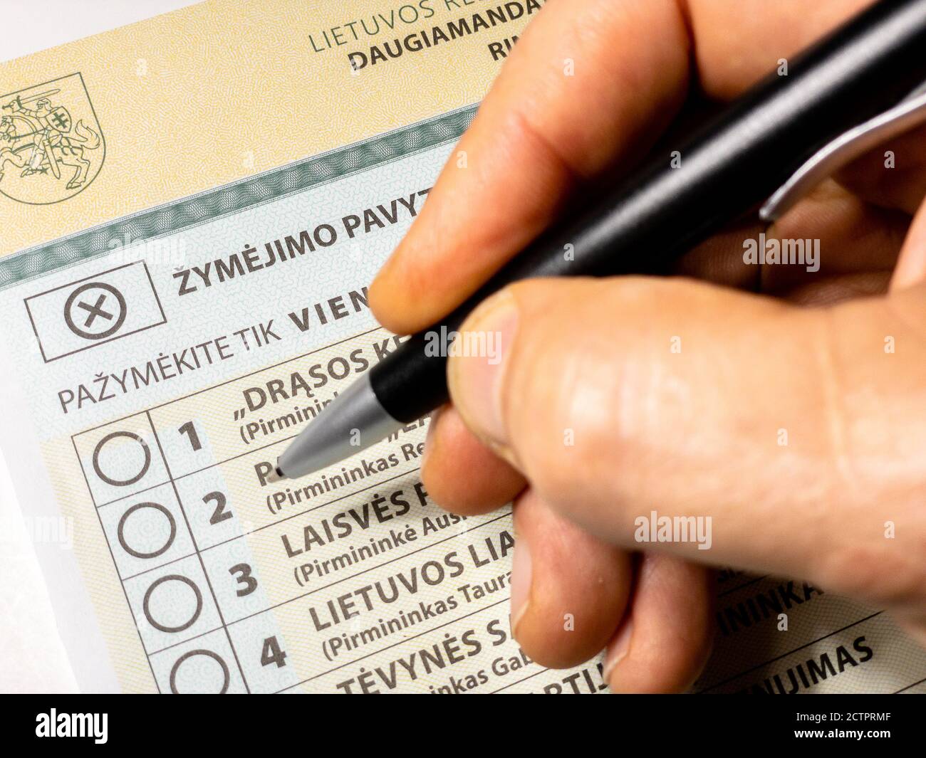 Primo piano scrutinio a più mandati per 2020 Seimas lituani elezioni parlamentari con la mano che tiene la penna nera Foto Stock