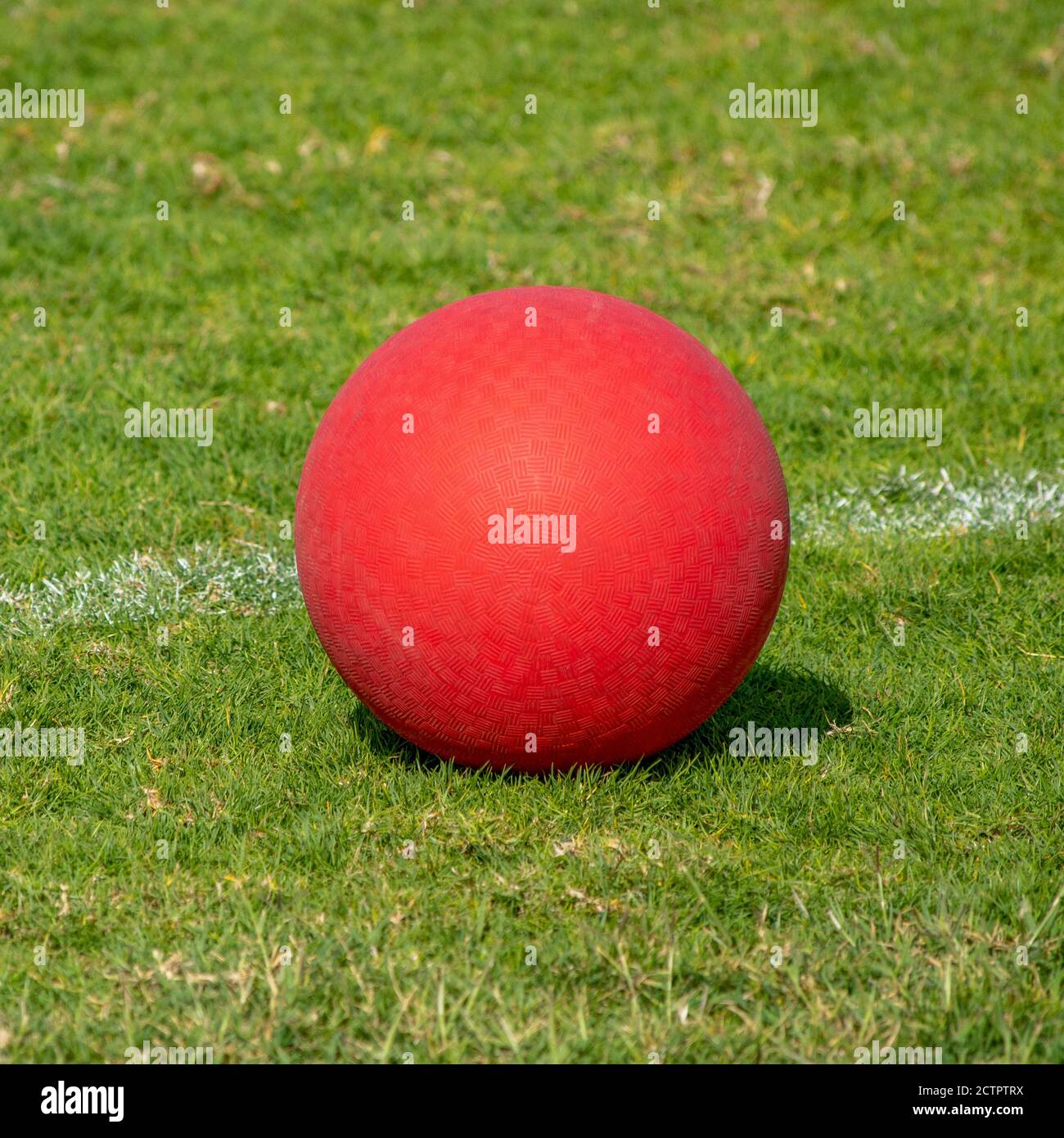 Un parco giochi rosso sfera si siede accanto alla linea bianca su un prato verde campo. Foto Stock