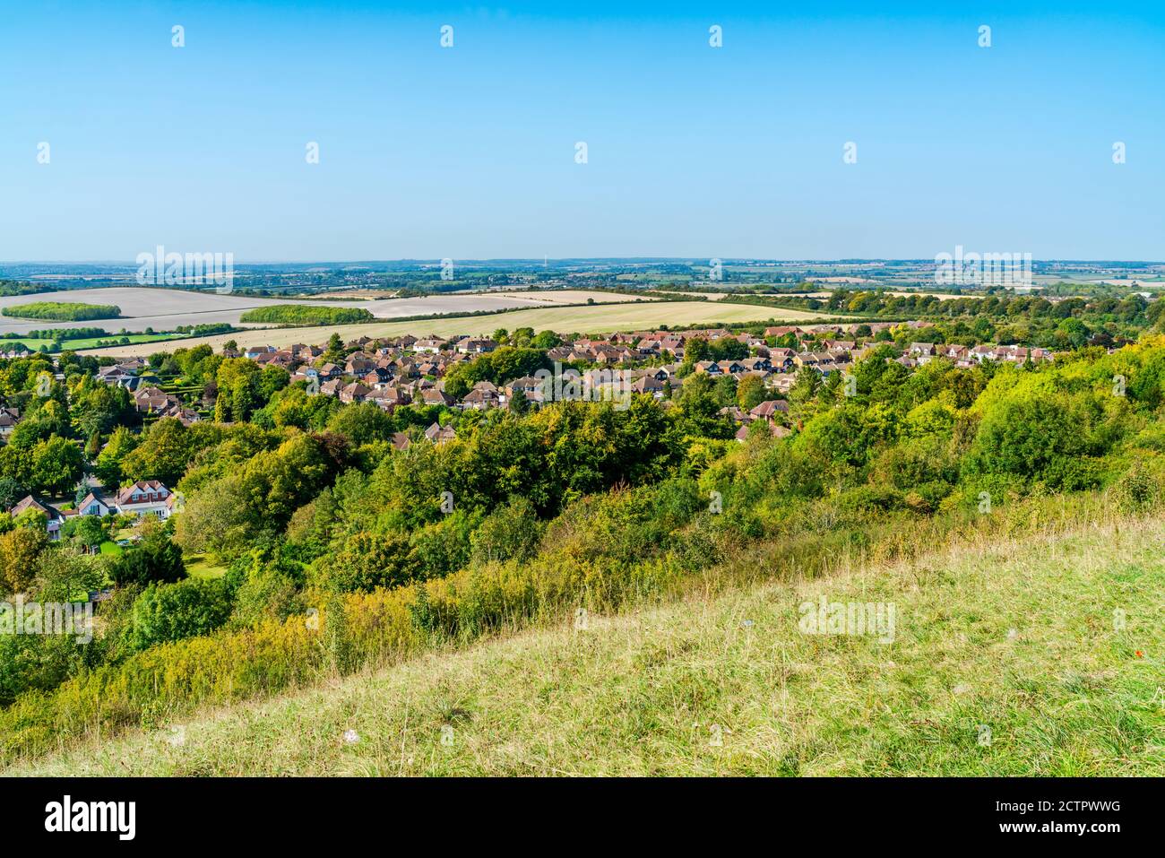 Vista della campagna inglese da Dunstable Downs nelle Chiltern Hills, Bedfordshire, Regno Unito Foto Stock