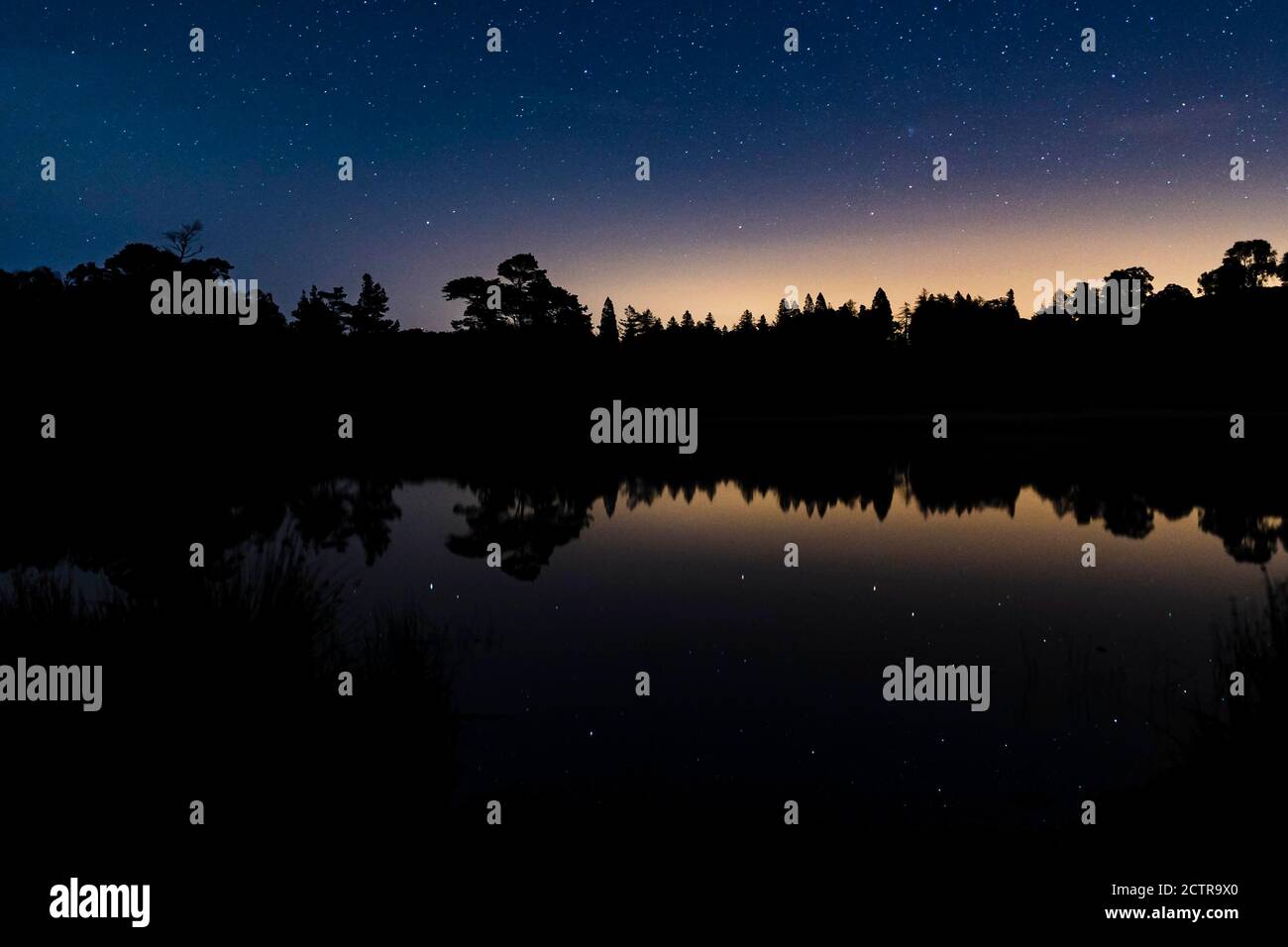 Una vista notturna cielo di Tarn Hows in inglese lake district Foto Stock
