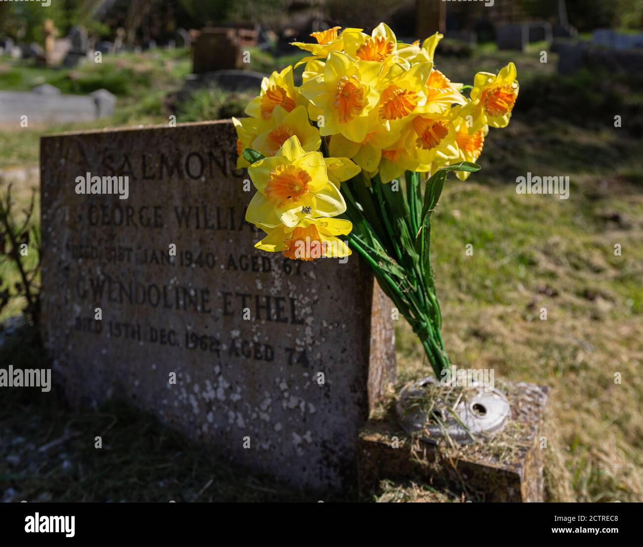 Fiori artificiali vicino alla pietra della tomba sull'erba. Foto Stock