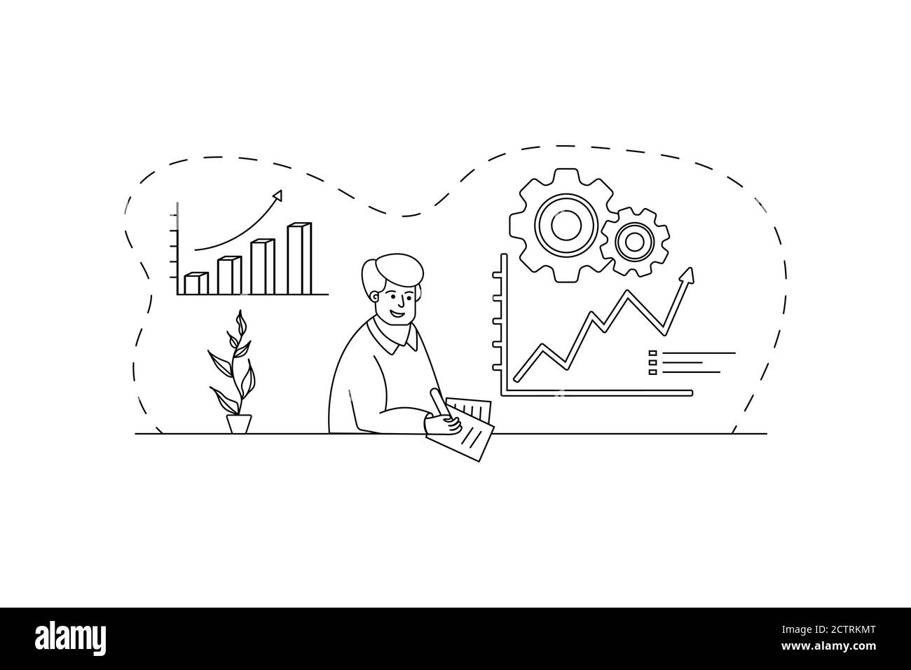 Progettazione concettuale per il lavoro a casa. Uomo freelance che lavora a casa, in ufficio. Studio online, formazione. Seduto al tavolo sul posto di lavoro Illustrazione Vettoriale