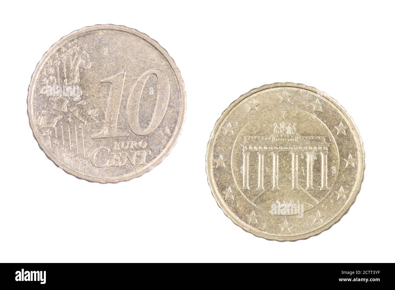 Parte anteriore e posteriore della moneta da 10 cent Euro isolata su sfondo bianco Foto Stock