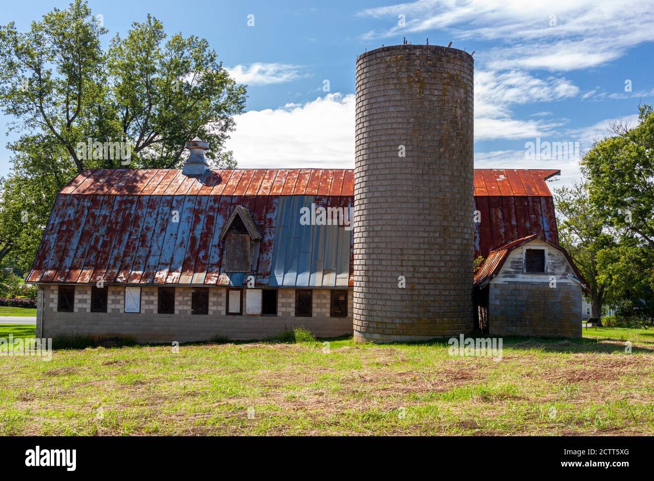 Un'antica casa colonica abbandonata con un alto silo di mattoni e un grande fienile con soffitto di stagno arrugginito. Questo antico complesso di edifici in discesa e' circondato da gr Foto Stock