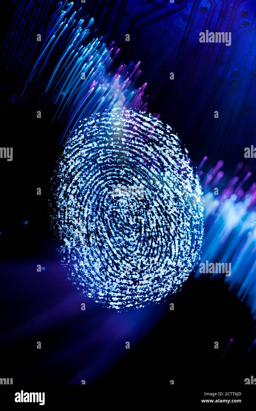 Impronta digitale con cavi in fibra ottica in background Foto Stock