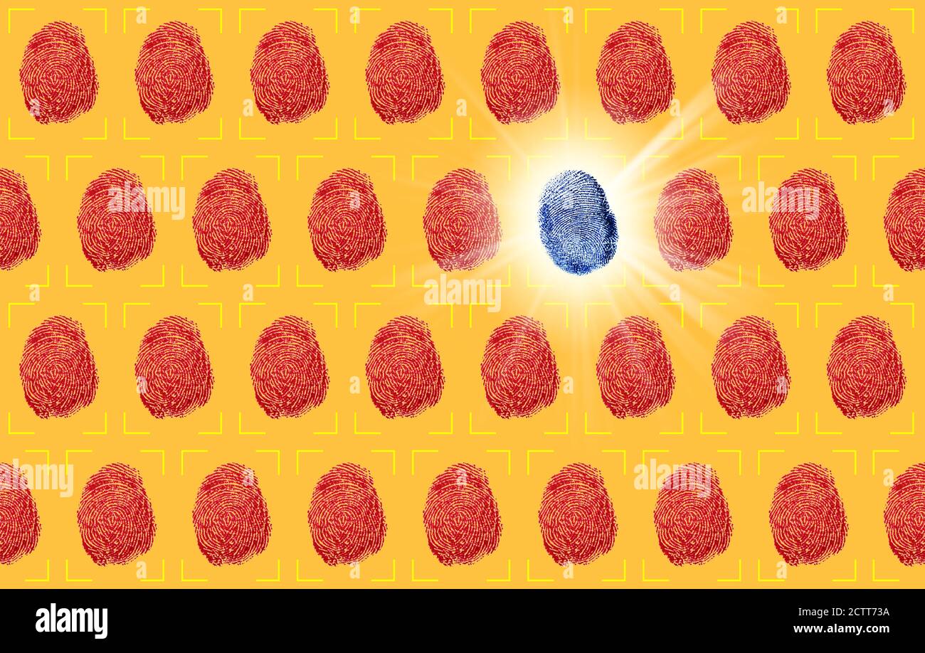 Un'impronta blu tra le impronte digitali rosse su sfondo giallo Foto Stock