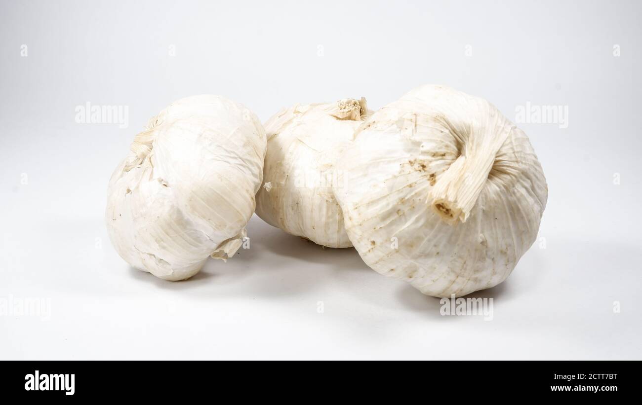 Gruppo di bulbi di aglio su sfondo bianco Foto Stock