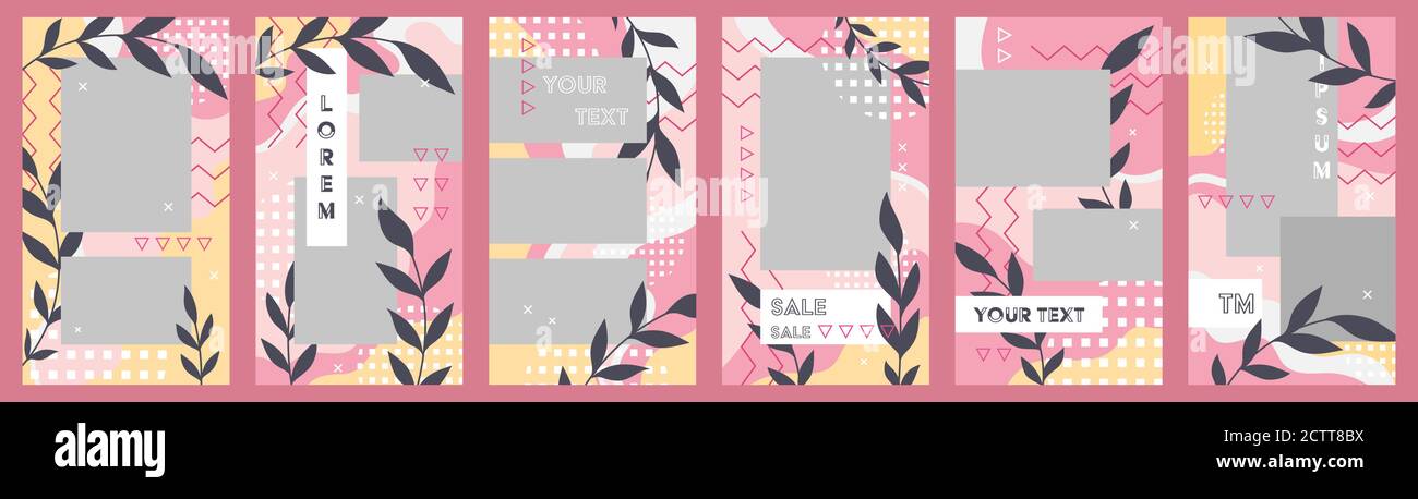 Insieme vettoriale di social media modello. Cornici per storie, stile floreale memphis. Striscioni verticali con spazio per la copia Illustrazione Vettoriale