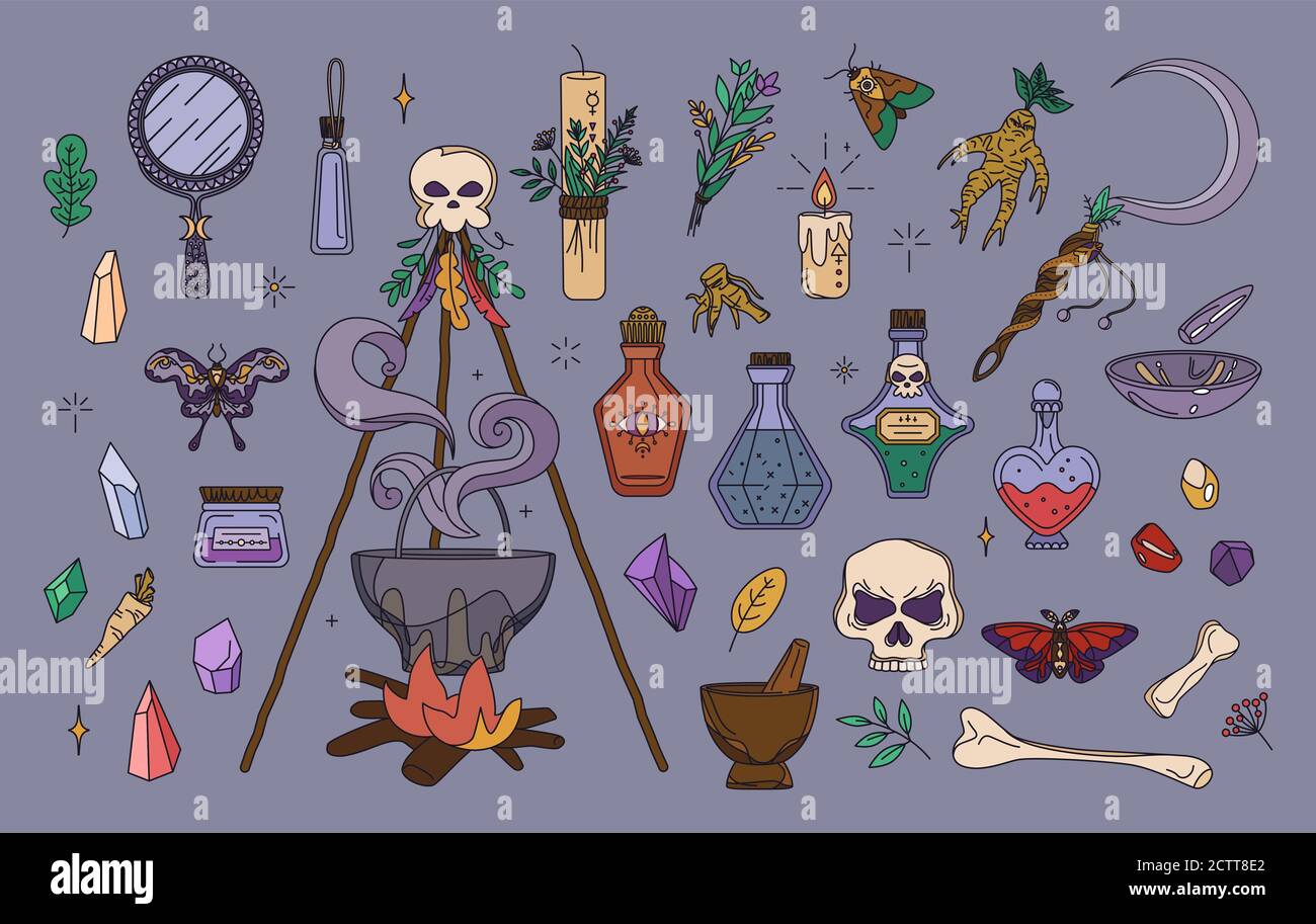 Wicca, insieme di elementi di erboristeria e stregoneria. Collezione magica in tonalità terrose, colori muti Illustrazione Vettoriale
