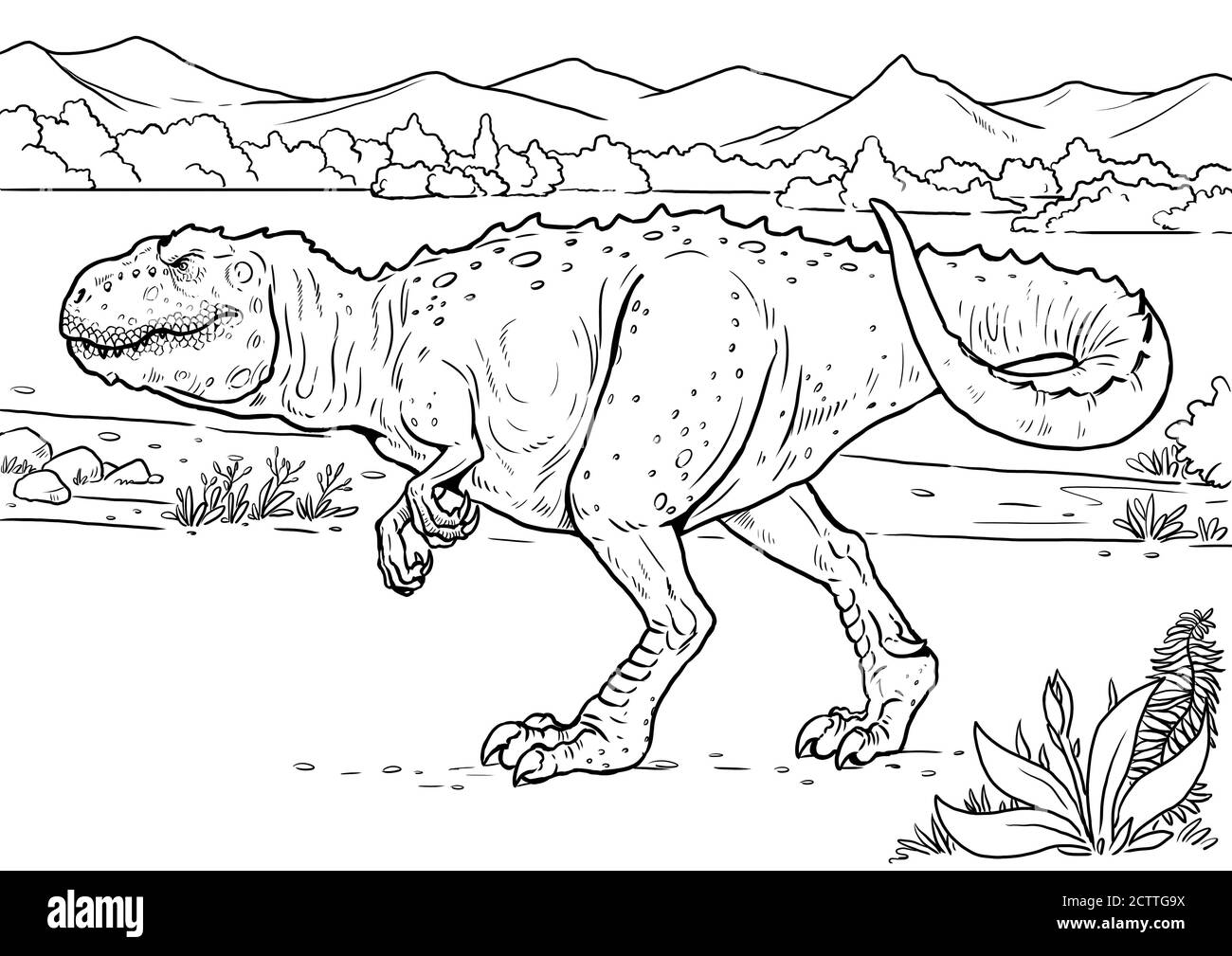 Dinosauro carnivoro - giganotosauro. Pagina da colorare Dino e modello da colorare. Foto Stock
