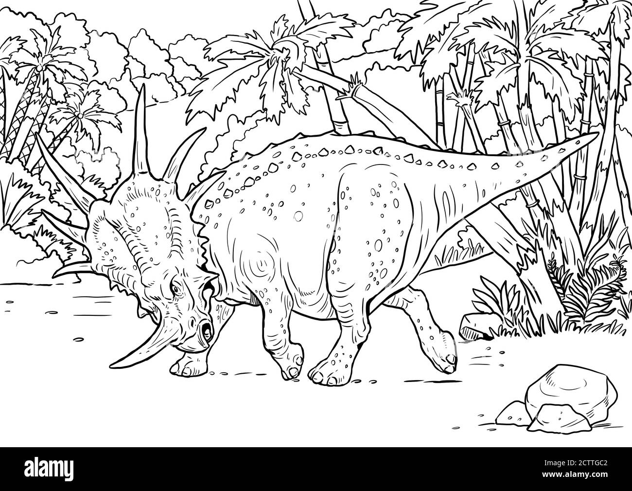 Dinosauro erbivoro - Stiracosauro. Disegno Dino Outline. Modello di libro da colorare. Foto Stock