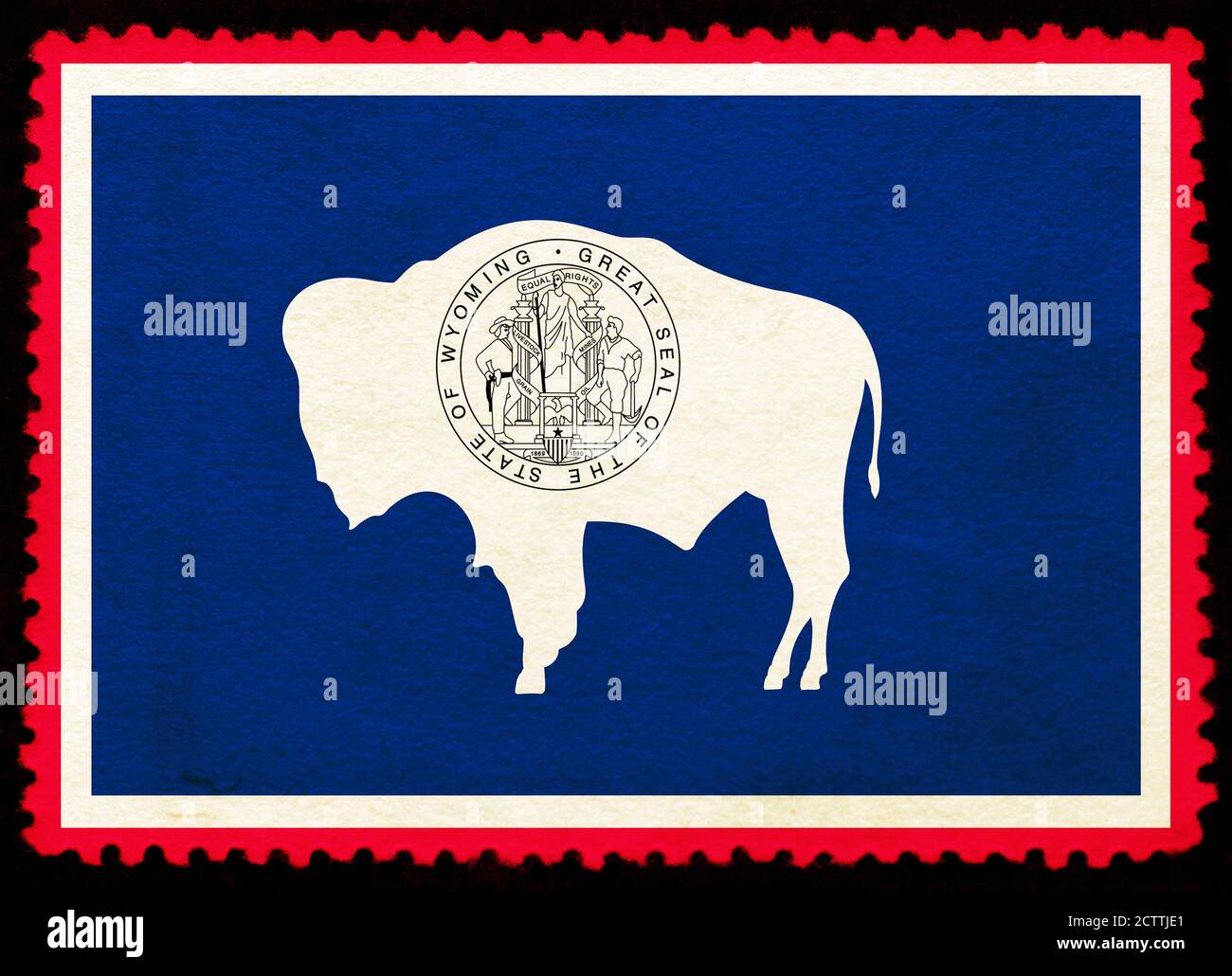Bandiera di stato degli Stati Uniti del Wyoming sul vecchio francobollo grunge isolato su sfondo nero Foto Stock