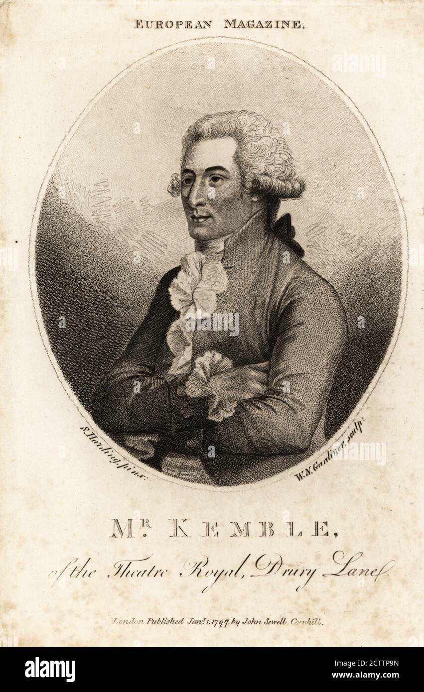 John Philip Kemble (1757-1823), attore-direttore inglese presso i teatri Drury Lane e Covent Garden. Figlio di Roger Kemble, attore-direttore di una troupe da turismo. In coda wig, giacca e camicia con colletto in pizzo e polsini. Ritratto ovale incisione su copperplate da un dipinto di Sylvester Harding, inciso da William Nelson Gardiner, pubblicato sulla rivista europea, J. Sewell, Cornhill, Londra, 1797. Foto Stock