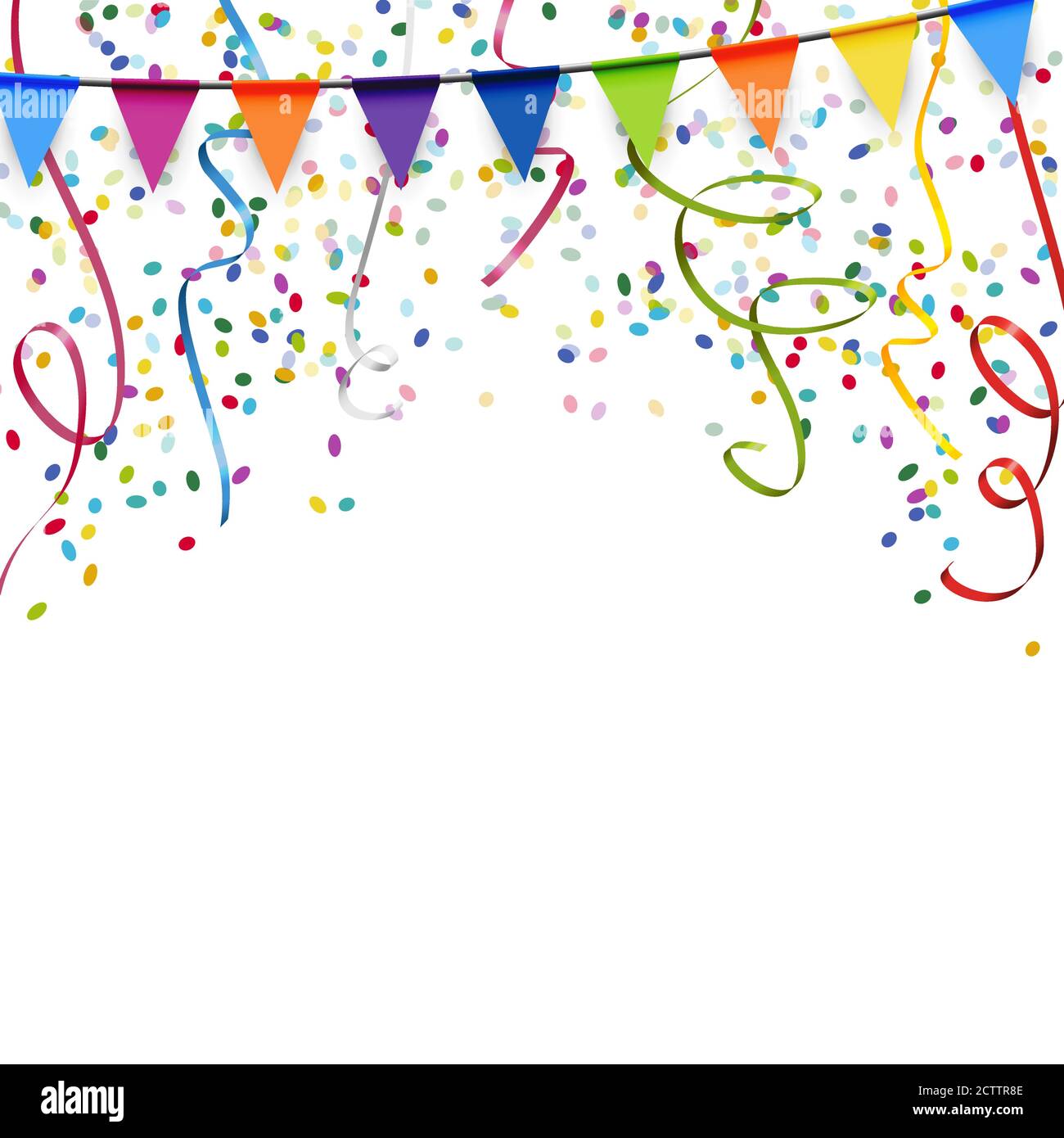 Ghirlande colorate, stelle filanti e coriandoli sfondo per party o utilizzo del festival Illustrazione Vettoriale