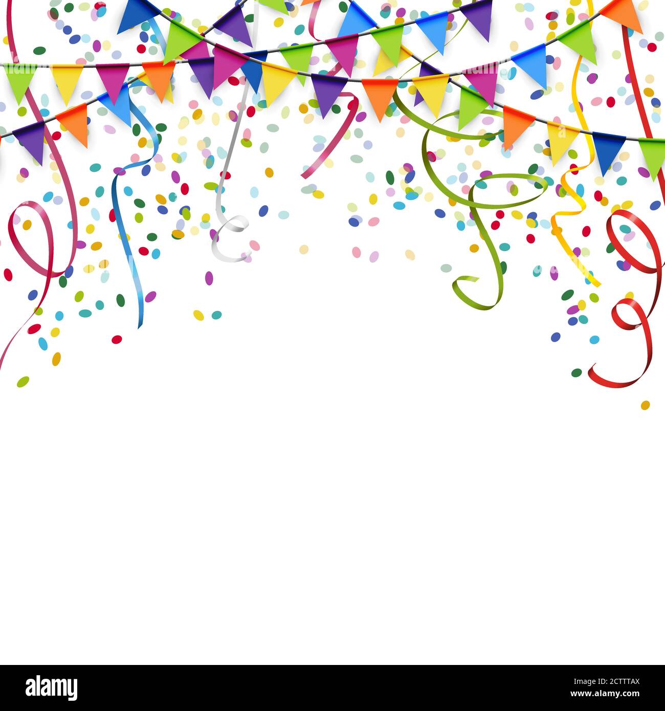 Ghirlande colorate, stelle filanti e coriandoli sfondo per party o utilizzo del festival Illustrazione Vettoriale