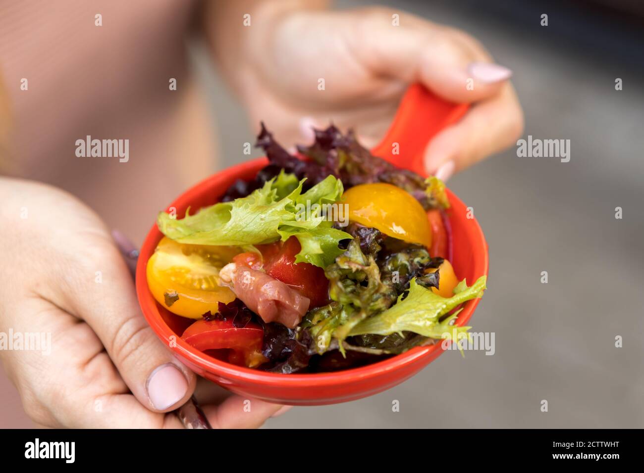 Piatto con pomodori a fette e foglie di lattuga da vicino Foto Stock