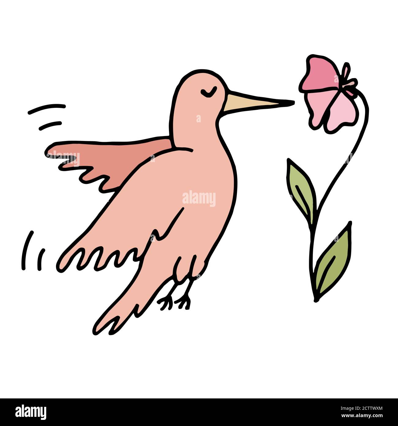 Colorato doodle disegnato a mano piccolo hummingbird che vola intorno al fiore. Illustrazione vettoriale isolata in bianco Illustrazione Vettoriale