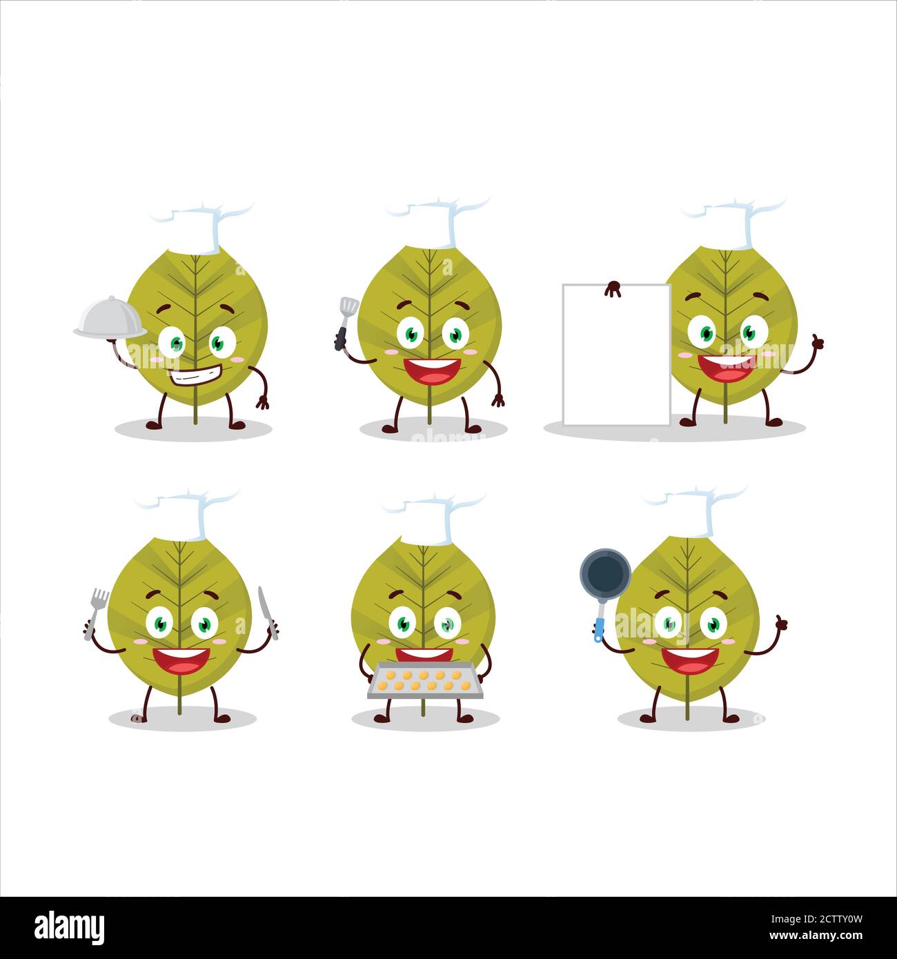 Carattere cartoon di foglie verdi con varie emoticon chef Illustrazione Vettoriale
