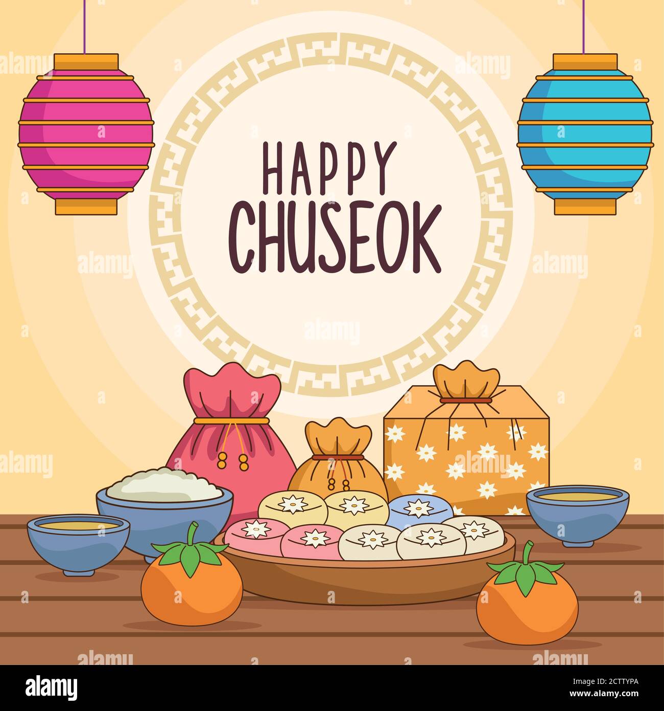 felice chuseok celebrazione con cibo e lanterne appeso vettore illustrazione design Illustrazione Vettoriale
