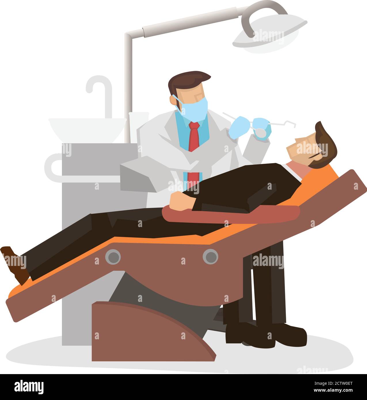 Il dentista esamina i denti del paziente nell'ufficio dentistico. Concetto di trattamento dentale. Illustrazione vettoriale piatta Illustrazione Vettoriale